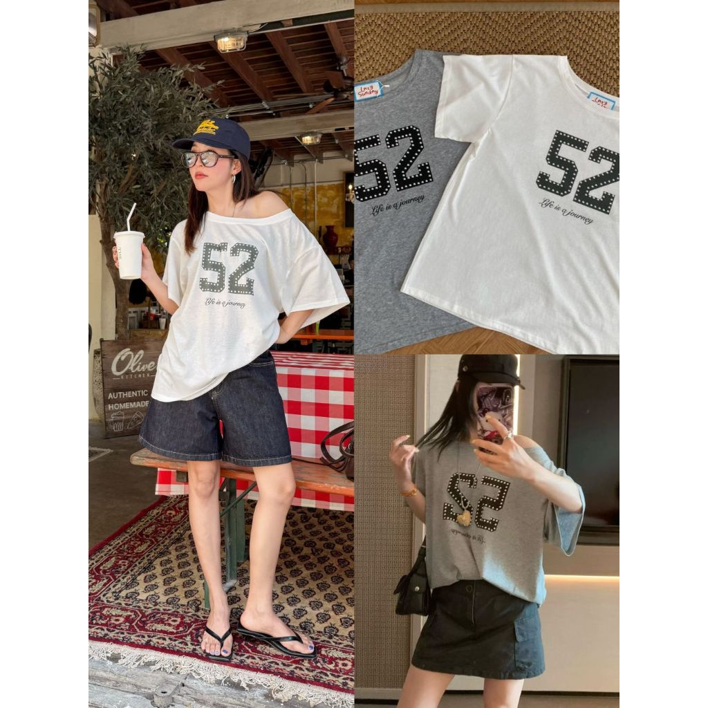 HOMIE TEE - เสื้อแขนสั้นปาดไหล่ แต่งอะไหล่หมุด (ส่งด่วน)