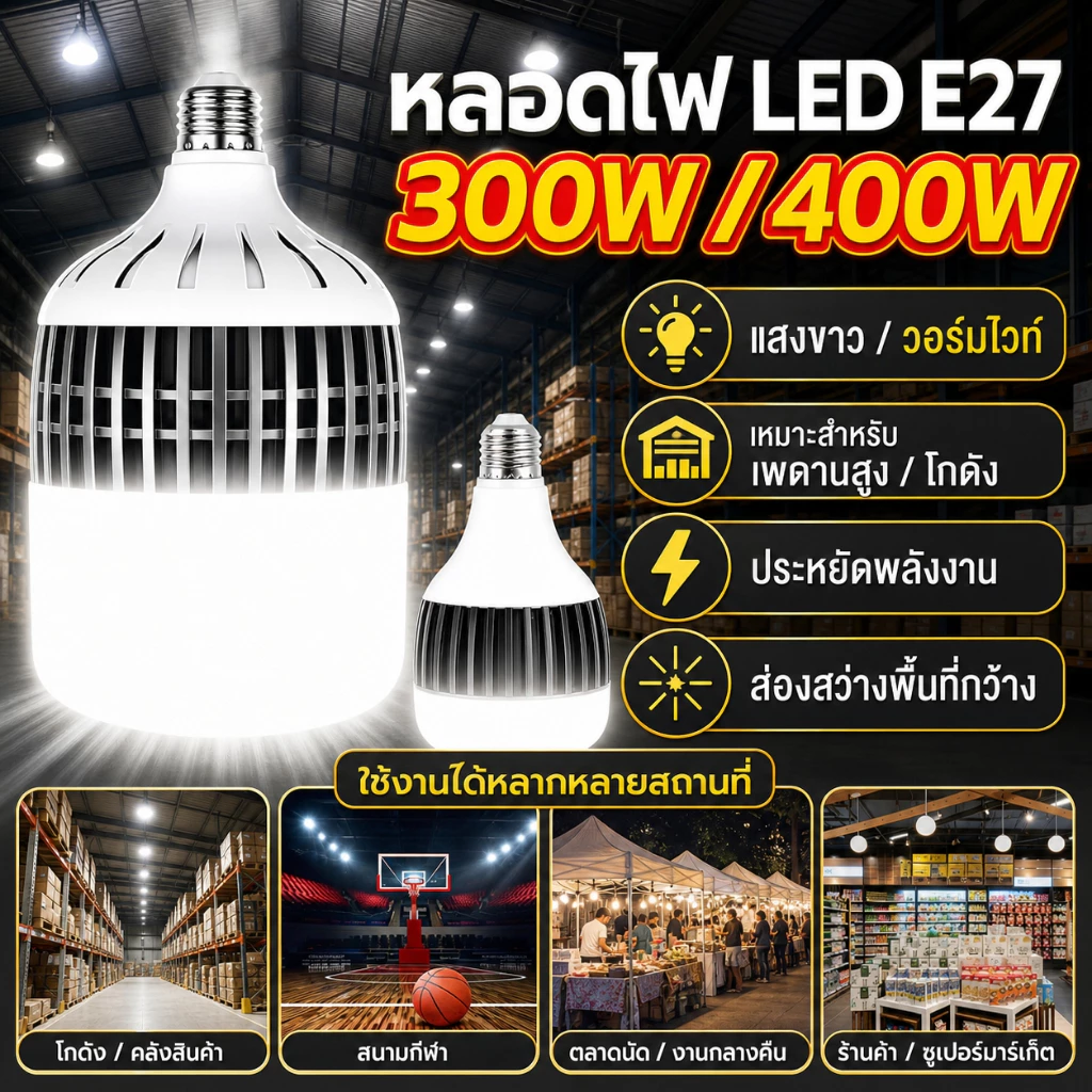 【HS】พร้อมส่งจากไทย หลอดไฟตุ้ม LED 300W 400W ขั้ว E27 สว่างที่สุดในไทย ไฟเพดานสูง ไฟโกดัง โรงงาน แสงขาว แสงวอร์มไวท์ ประห