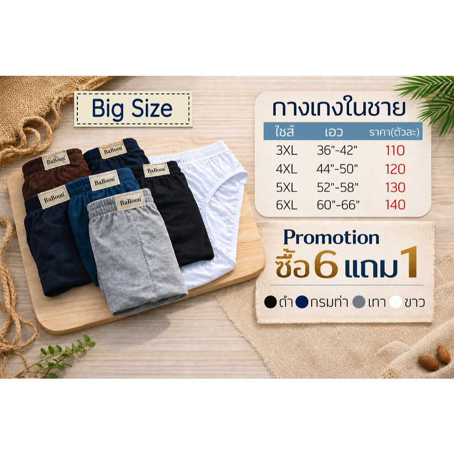 ชั้นในชายไซส์ใหญ่ กางเกงในชาย  ไซส์ใหญ่ Big Size 3XL-6XL  (ราคาตัวละ) ผ้าคอตต้อนเนื้อดี ทนทาน ใส่สบาย ไม่รัด ระบายอากาศ