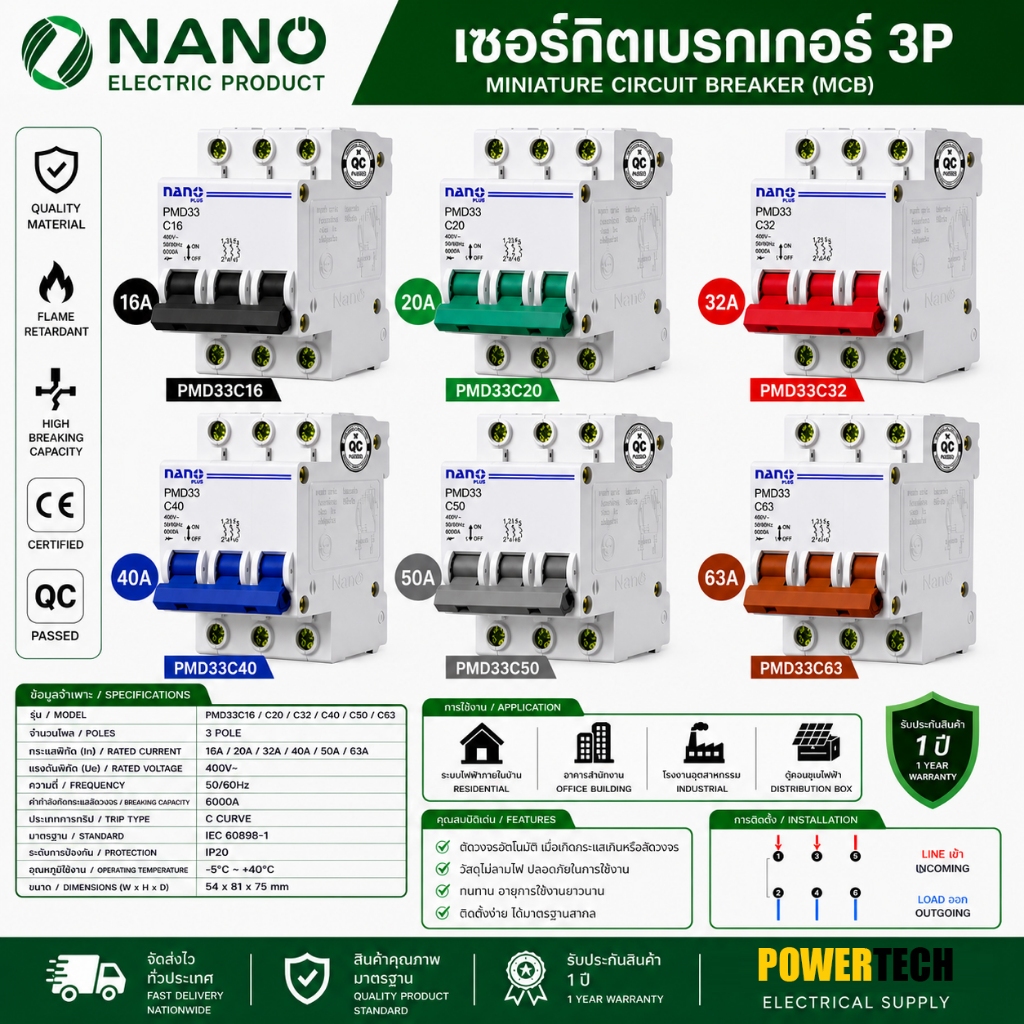3P เซอร์กิตเบรกเกอร์ เบรคเกอร์ NANO PLUS 3Pole 6kA 16A-63A PMD33 C16 - 63