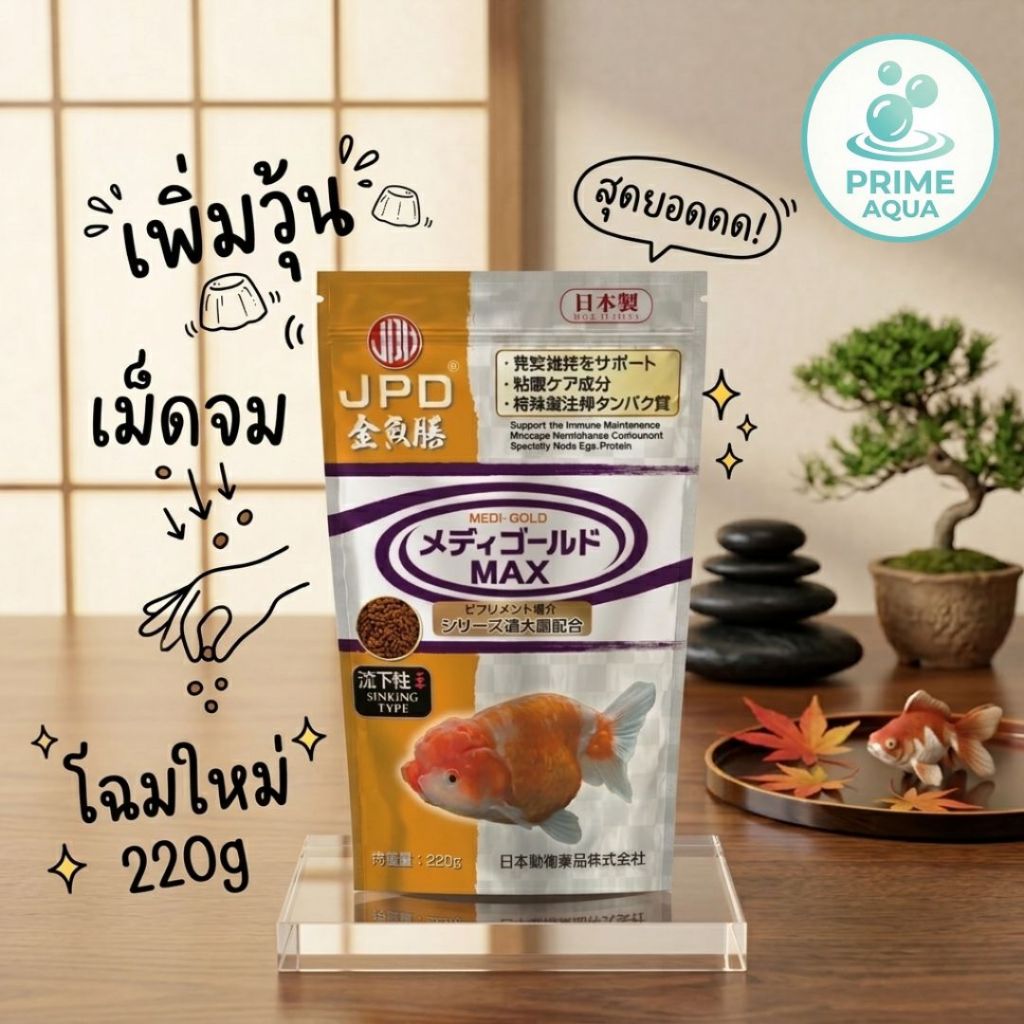 อาหารปลาทอง(เหลือง) JPD ช่วยเพิ่มวุ้น ขนาด 220 กรัม. สูตรโปรตีนและไขมันคุณภาพสูง