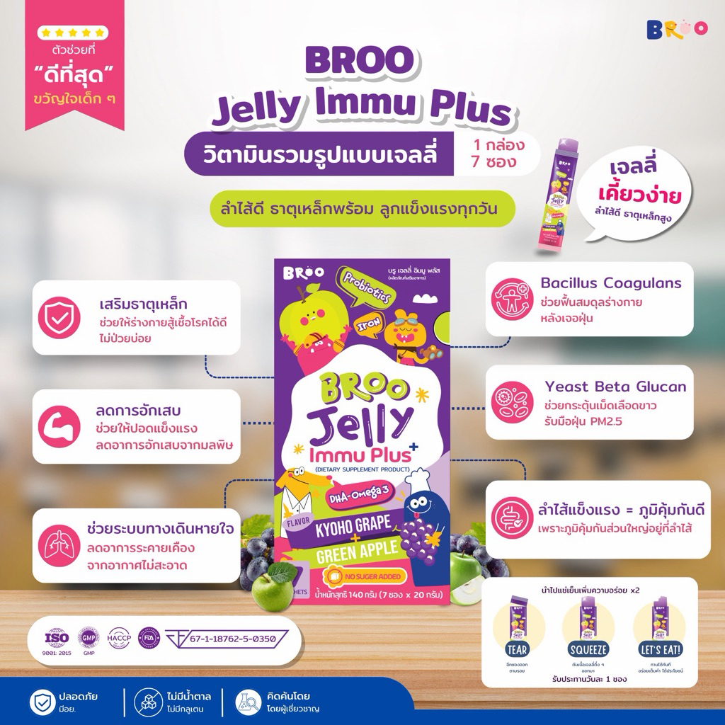 5.5【1 กล่อง】BROO JELLY IMMU PLUS+ พรีไบโอติก โพรไบโอติก ลำไส้แข็งแรง เสริมภูมิ คุ้มจบในตัวเดียว