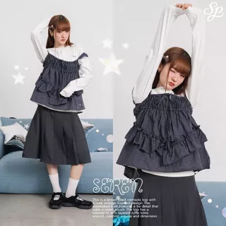 Seren_SP129 เสื้อสายเดี่ยวลายสก็อต แต่งระบาย ผูกโบว์อก โลโก้เหล็กสุดปัง สไตล์เกาหลี