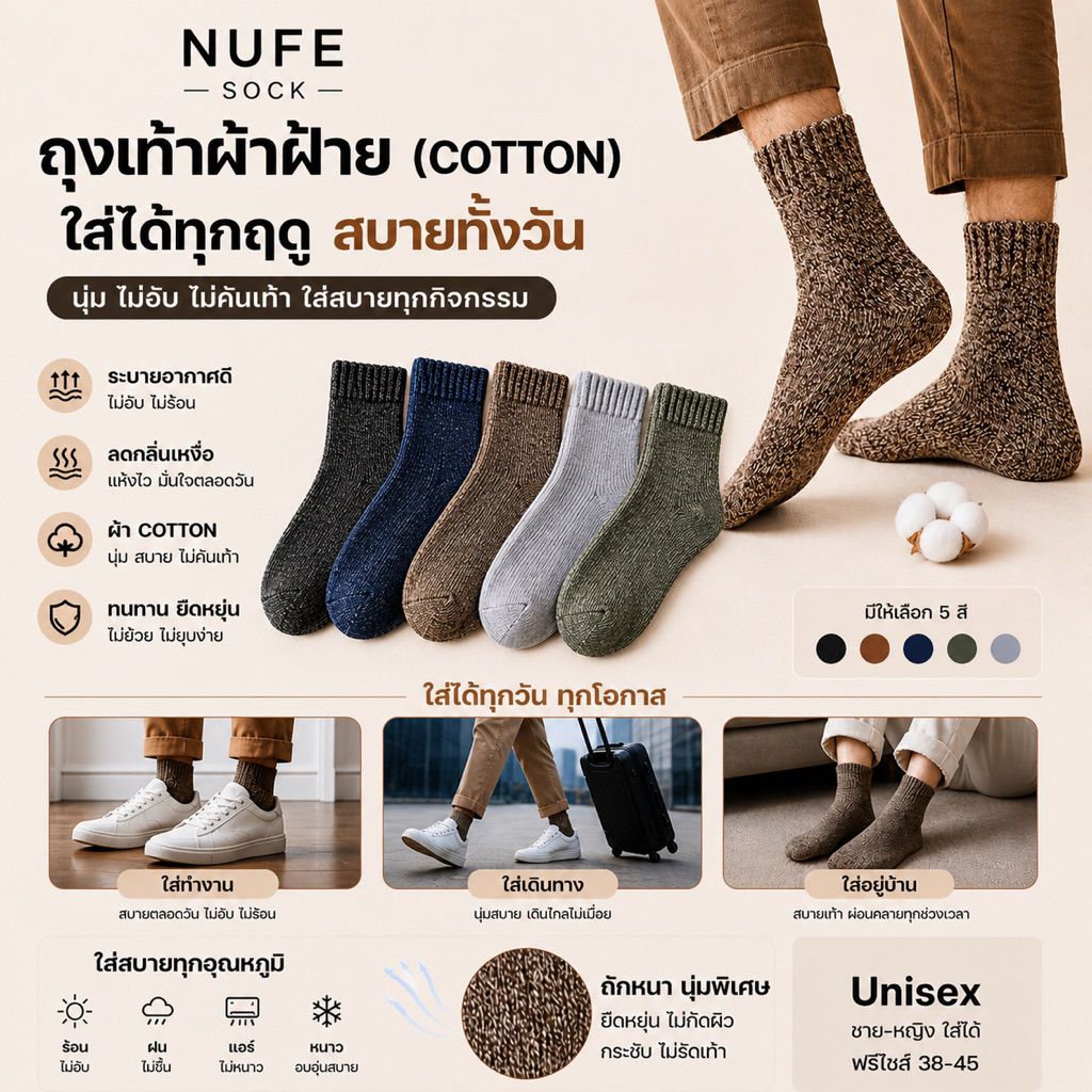 NUFESOCKS ถุงเท้าผ้าหนาทอหนาข้อกลาง แพ็ค 5คู่ พร้อมส่งจากไทย ถุงเท้ากันหนาวชายหญิงใส่ได้ไซค์ 35-45