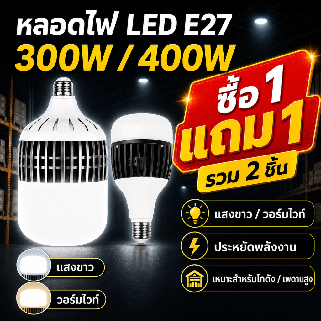 【HS】1แถม1 หลอดไฟตุ้ม LED 400W 300W E27 ทรงกระบอก สว่างจ้าส่องไกล ไฟเพดานสูง โกดัง โรงงาน ประหยัดค่าไฟ ร้านไทยส่งไว