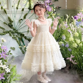 เด็กผู้หญิงชุดเดรสลูกไม้ ประดับไข่มุก ชุดออกงานสวยมากผ้าไม่คัน ชุดไปงานแต่งเด็ก