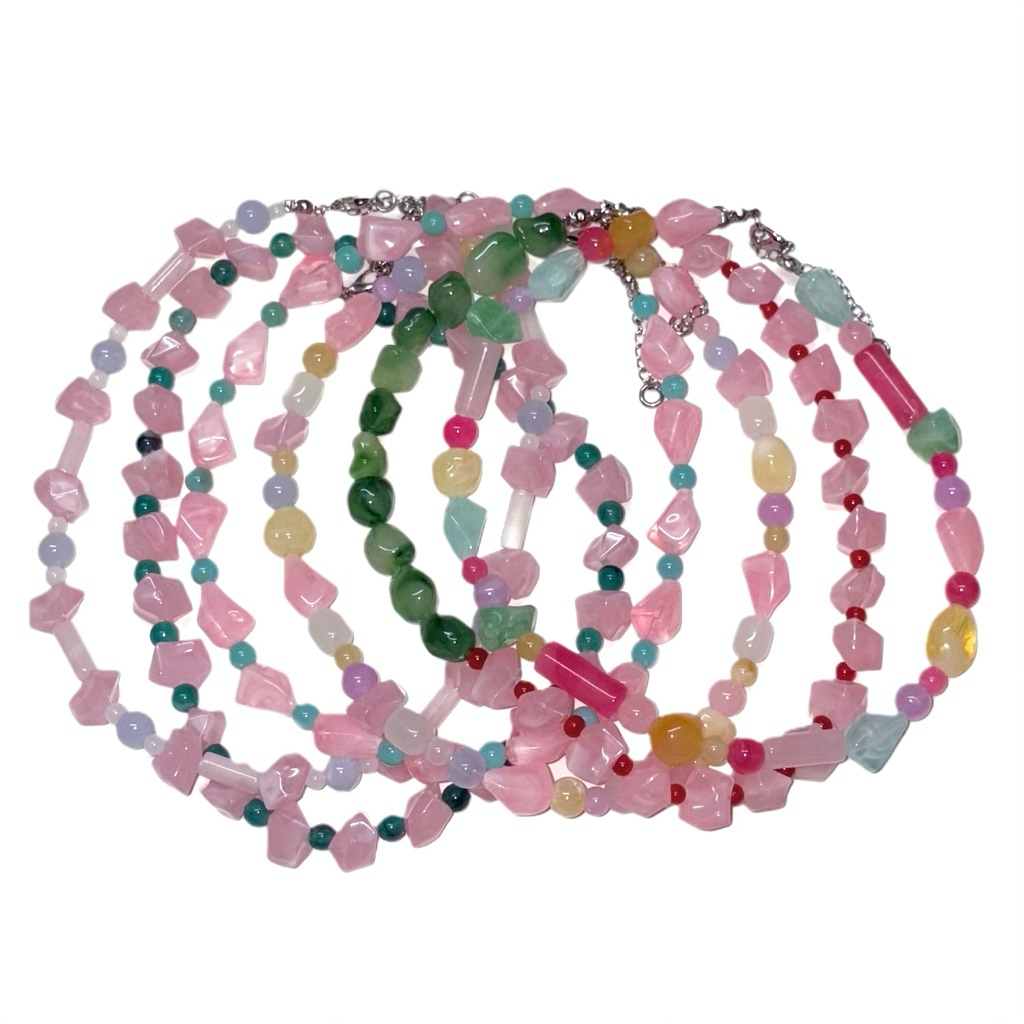 Piing me Necklace | สร้อยคอลูกปัดหินเทียมทรงต่างๆโทนสีชมพู