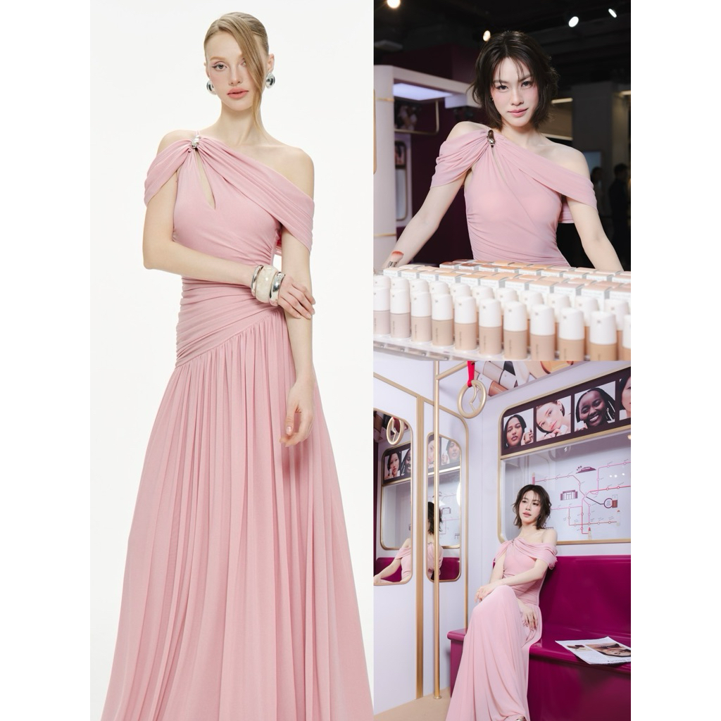 Mollynista - Draped off shoulder mesh dress แบรนด์แท้