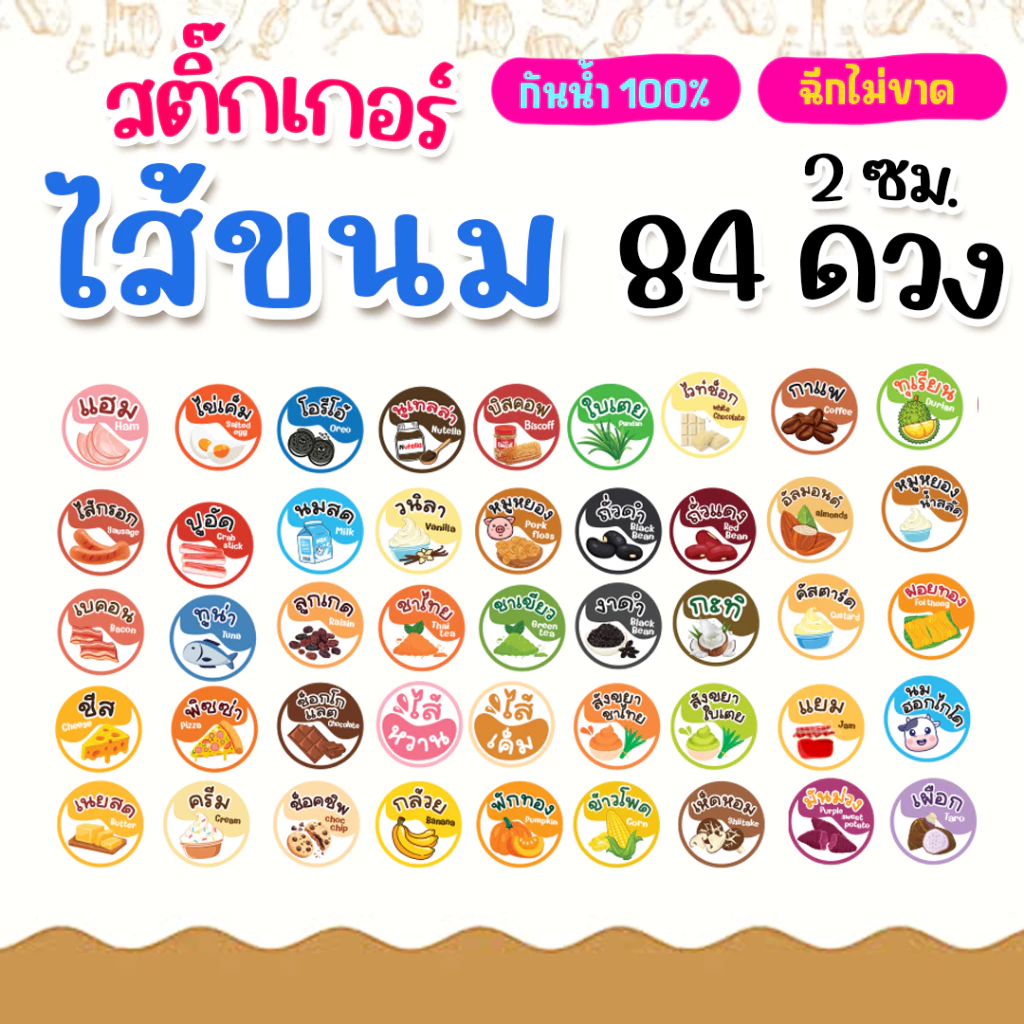 สติ๊กเกอร์ ไส้ขนม 84ดวง 2 ซม. ถูกมาก กันน้ำ ฉีกไม่ขาด