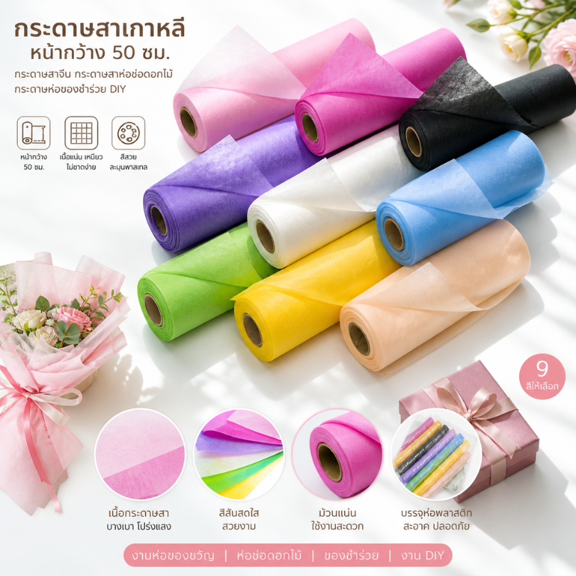(แบ่งขาย 3-5หลา ) กระดาษสาเกาหลี  กระดาษสาห่อช่อดอกไม้ กระดาษห่อของชำร่วย DIYงานประดิษฐ์