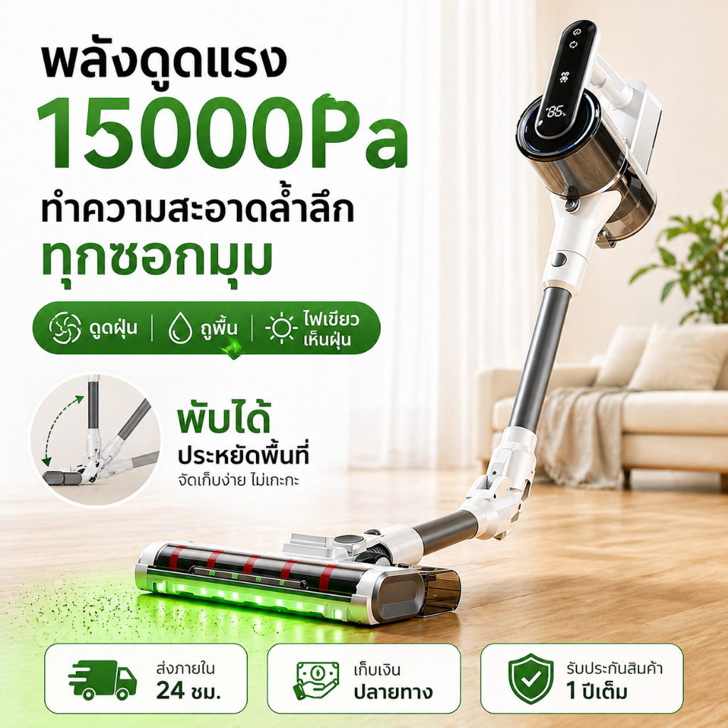 24V มอเตอร์ไร้แปรงถ่าน ให้แรงดูดมหาศาล เครื่องดูดฝุ่นไร้สายแบบพับได้ สำหรับบ้าน พร้อมจอ LED หัวกลมหมุนได้ – โปรปัง