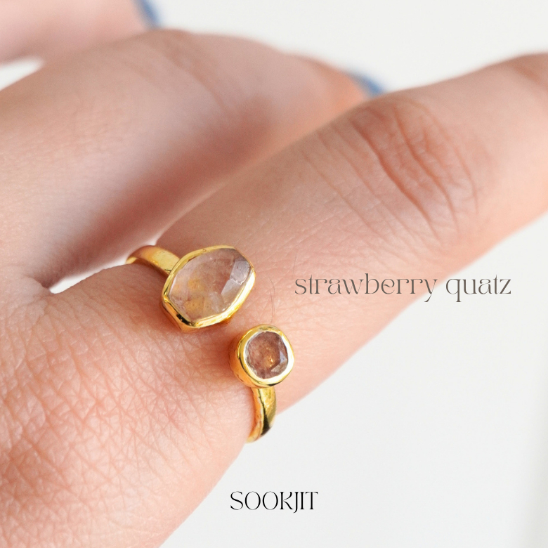 Open Ring - สตรอเบอรี่ควอซ รับพลังบวก /ความรัก/เซนส์/ความหวัง แหวนเงินแท้ชุบทอง 18k