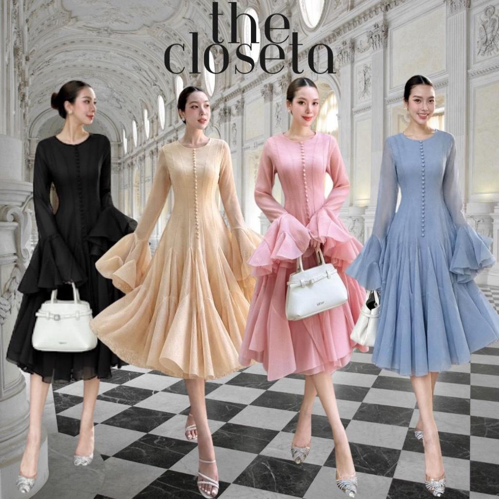 THE CLOSETA : LB549 รุ่นกระโปรงยาว เดรสแขนยาวแต่งระบายช่วงแขนและชายกระโปรงแต่งจับจีบฟู