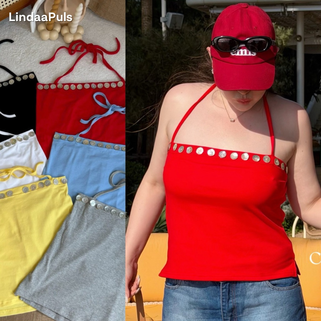 LindaaPlus-- เสื้อเกาะอกคล้องคอสาวอวบอ้วน 🐚🌴✨ ดีเทลแต่งอะไหล่กระดุมหอย รุ่นนี้โซ๊ะสุดๆ ใส่กับยีนส์คือเริ่ด
