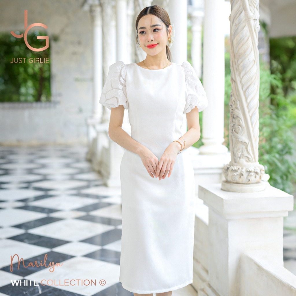 🩷Dress Marilyn เดรสยาวผ้าสีพื้น ดีไซน์แขนบอลลูนที่แต่งด้วยผ้าลายปัก เดรสสวย ใส่ออกงาน งานบวช ทรงสวย มีไซส์ S M L XL