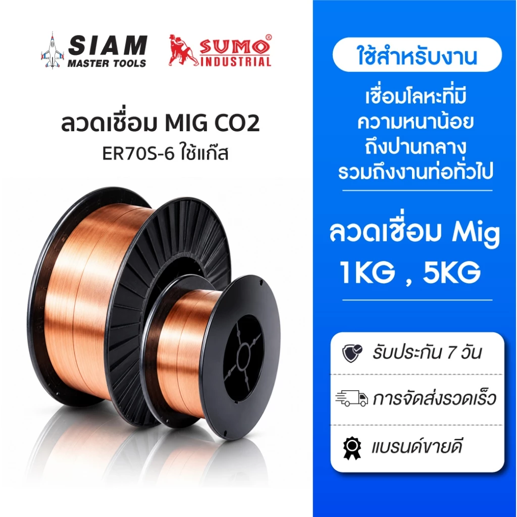 SUMO ลวดเชื่อม MIG Co2 ER70S-6 0.8mm.SUMO สำหรับงานเชื่อมที่มีความหนา 0.8 - 1.6 มม. ใช้แก๊ส