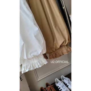 𝐔𝟐✨พร้อมส่ง🌸🤎กางเกงขาวยาวจั้มขาแต่งขอบลูกไม้ป้าย🔖U2