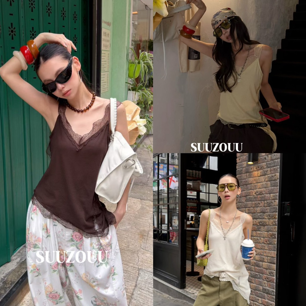 📍พร้อมส่ง📍#SU238 🇰🇷เสื้อสายเดียวผ้ายืด แต่งผ้าลูกไม้ แต่งชายเฉียง งานสวยเก๋ Tag MMfish🇰🇷