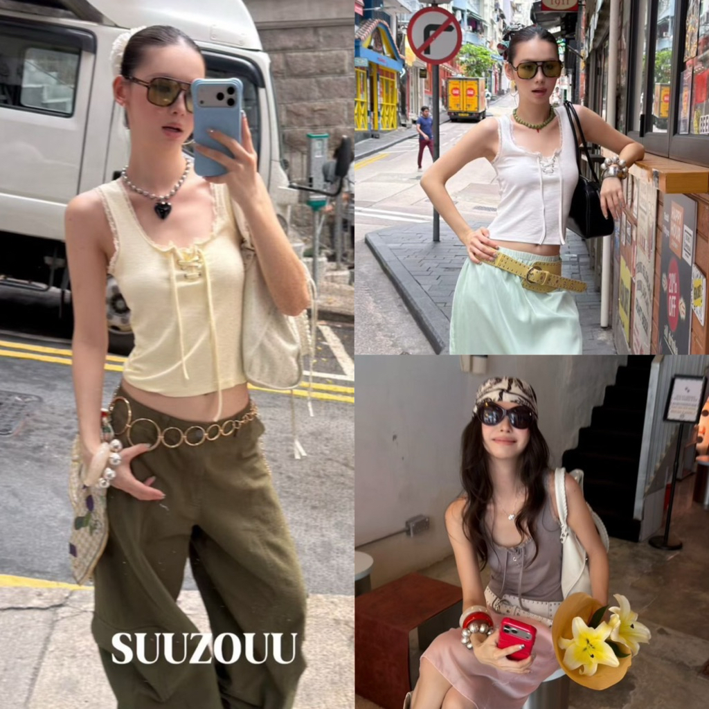 📍พร้อมส่ง📍#SU217🇰🇷เสื้อกล้าม แต่งขอบด้วยผ้าลูกไม้ ช่วงอกแต่งเชือกร้อย งานสวยน่ารัก Tag MMfish🇰🇷