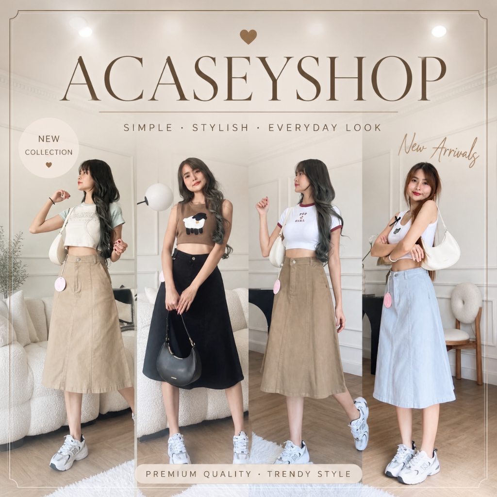 Acasey กระโปรง ผ้ายีนส์ ตัวยาว กระเป๋าข้าง มีความยืดหยุ่น ใส่สบาย ไซส์ S - XL รุ่นลิลลี่