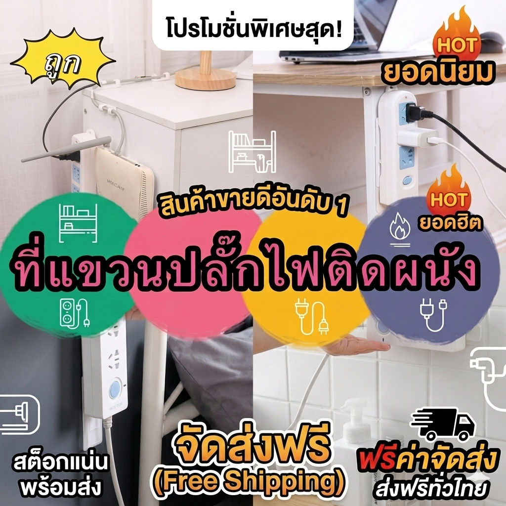 Kingshopping GDQ052 (ร้านไทย)ที่แขวนปลั๊กไฟติดผนัง ที่แขวนเก็บของอเนกประสงค์ แบบไม่ต้องเจาะผนัง