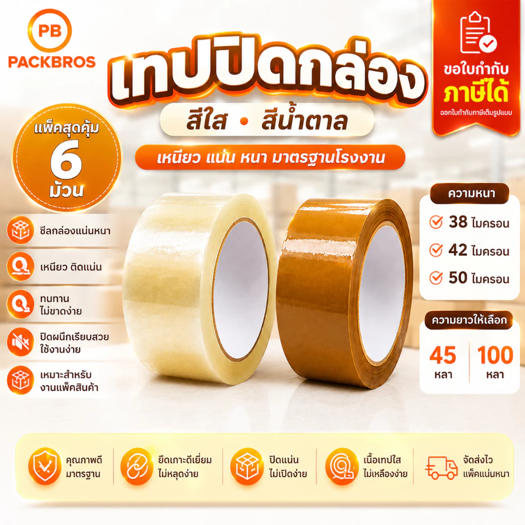 6 ม้วน เทปใส เทปสีน้ำตาล ราคาโรงงาน ขอใบกำกับภาษีได้ เทปปิดกล่อง เทปกาว 2 นิ้ว หนา38/42/50 เทป OPP