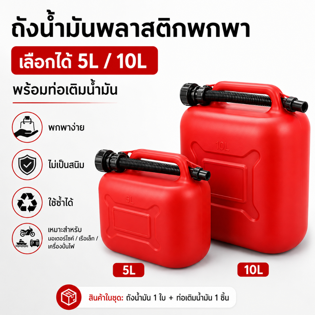 ถังน้ำมันพลาสติก 5 ลิตร / 10 ลิตร สีแดง พร้อมท่อเติมน้ำมัน ถังน้ำมันสำรอง พกพาง่าย สำหรับมอเตอร์ไซค์ เรือเล็ก เครื่องปั่