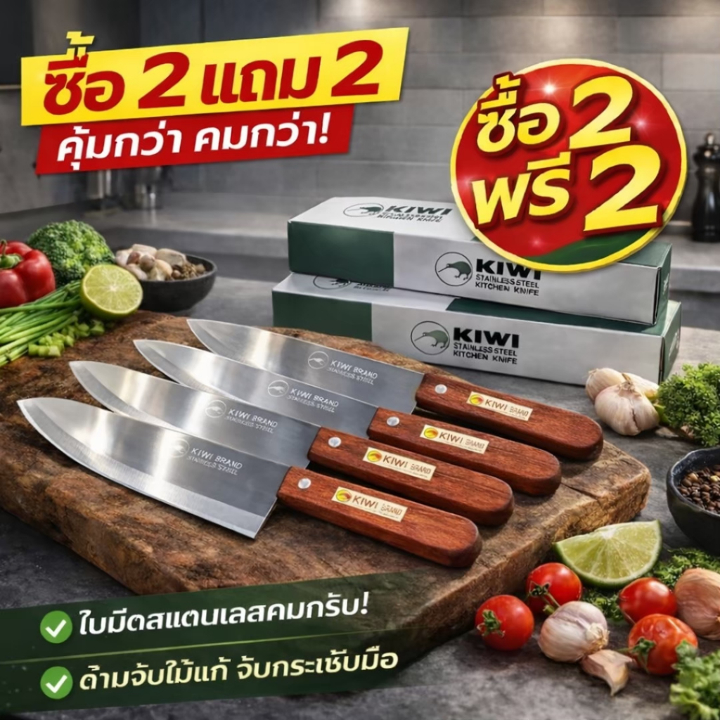 มีดบางด้ามไม้โปร 2 แถม2 ด้ามไม้ มีดเชฟ มีดสแตนเลส คมจัด ใช้งานอเนกประสงค์ โปรซื้อ2แถม2