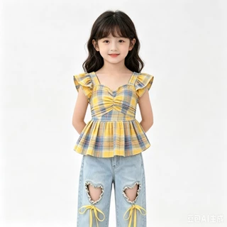 BB274 ชุดเด็กผู้หญิงสายแฟ เสื้อสายเดี่ยวลายสก็อต + กางเกงยีนส์หัวใจสุดคิ้วท์