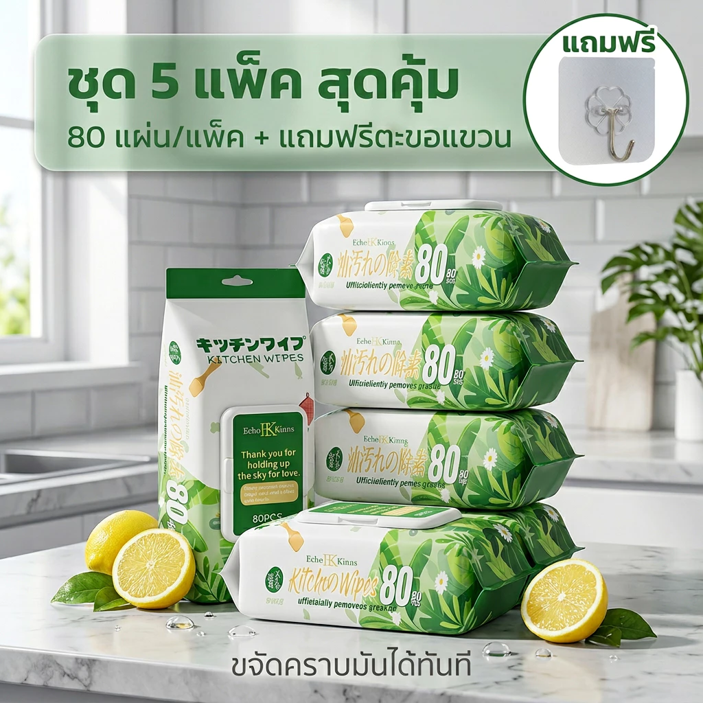 [พร้อมส่ง] กระดาษเปียกเช็ดครัว ชุด 5 แพ็คสุดคุ้ม 80 แผ่น ขจัดคราบมันได้ทันที แถมฟรีตะขอแขวน