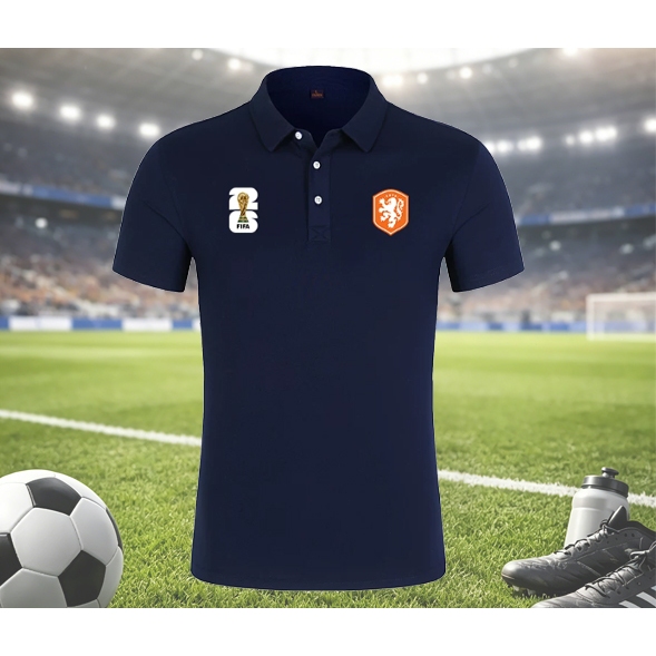 เสื้อโปโลสไตล์ฟุตบอล 2026 World Cup ลายชาติเนเธอร์แลนด์ ชายแขนสั้นผ้าฝ้ายเย็น