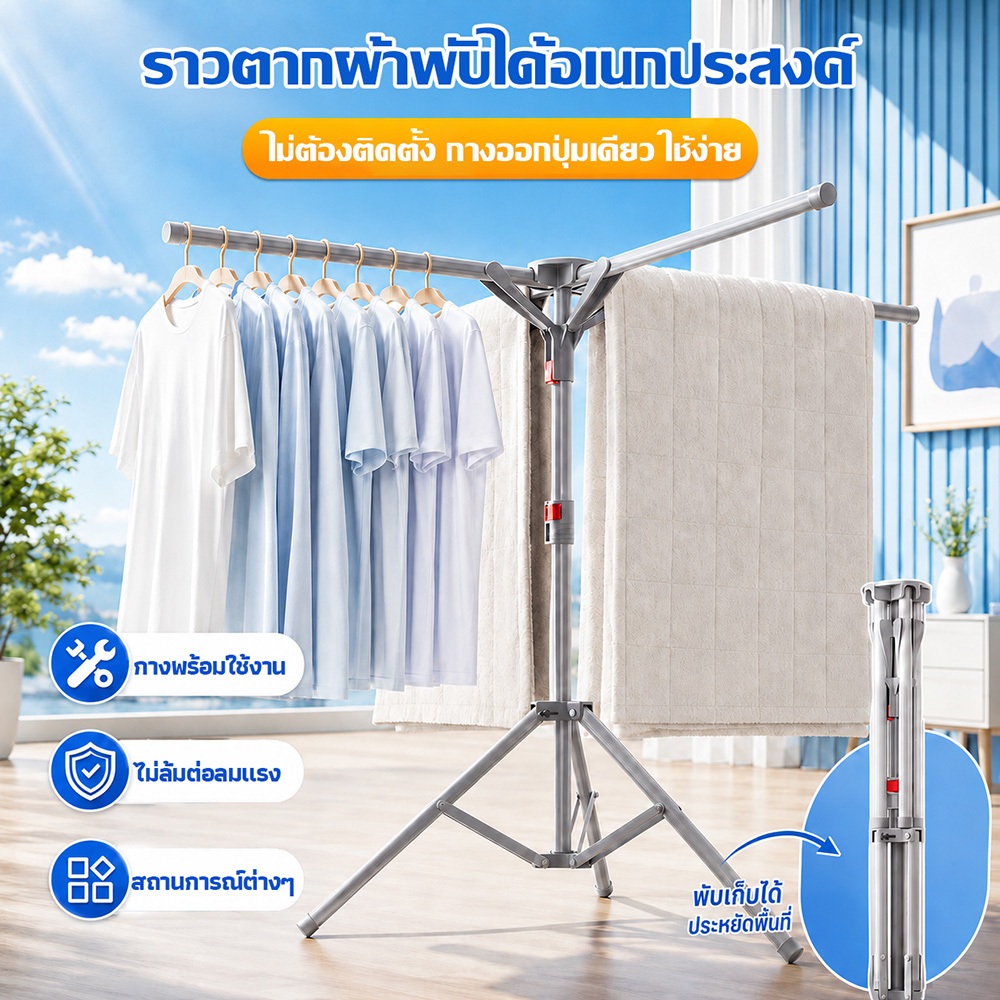 【เปิดฝาใช้ทันที】ราวตากผ้าพับได้ ราวตากผ้า ปรับความสูง 110-170CM จัดเก็บสะดวก กันน้ำกันสนิม ตากได้ในร่มและกลางแจ้ง