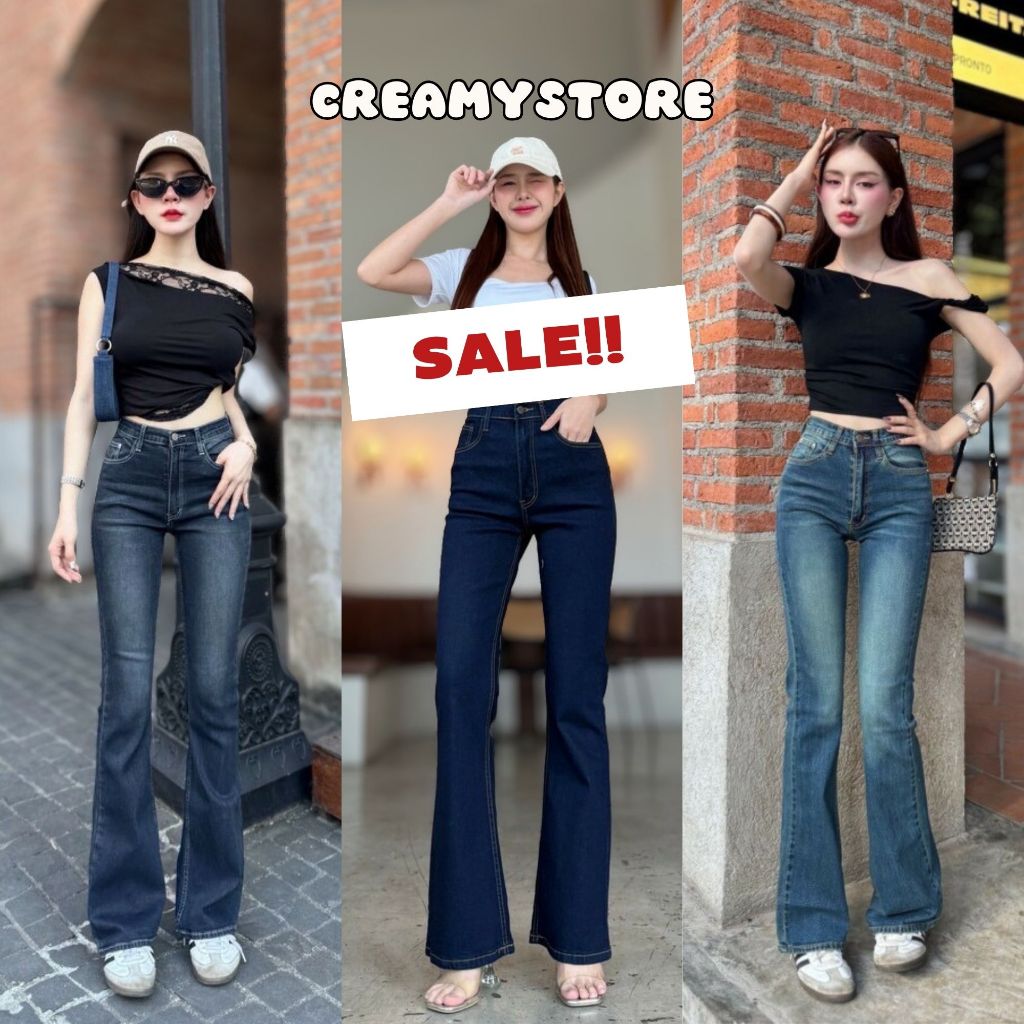 CreamyStore SALEกางเกงยีนส์ขาม้าเอวกลาง ยีนส์ยืด ป้ายYam' jeans🍨