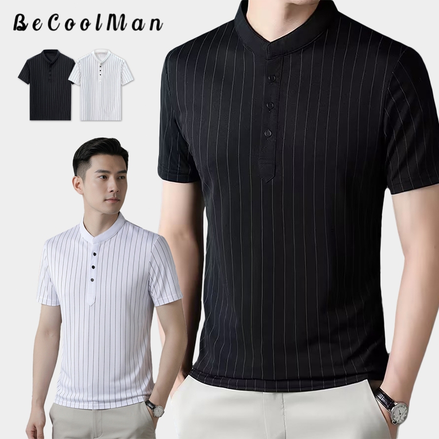 💥BecoolMan💥แขนสั้นคอปกตั้งฤดูร้อน เสื้อยืดผู้ชาย ลายทาง แบบบาง สบายๆ รัดรูป รุ่นใหม่ ระบายอากาศได้ดี เย็นสบาย
