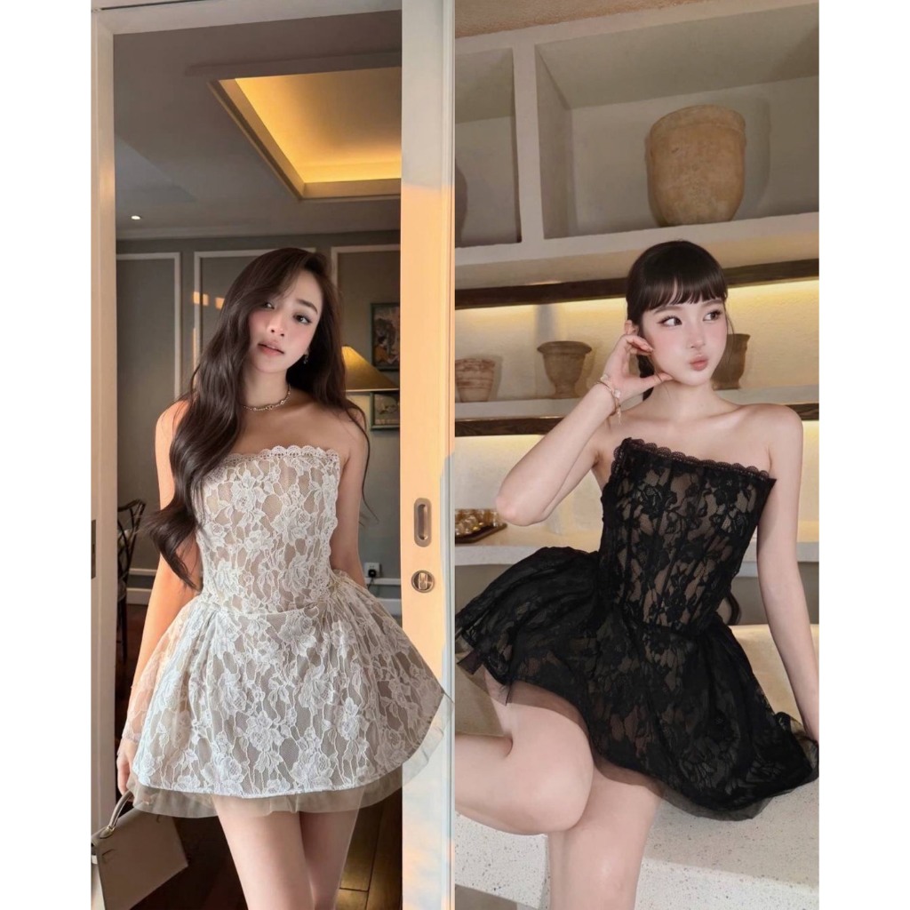 ChouChou Brand: มินิเดรสเกาะอกลูกไม้ กระโปรงแต่งฟูบาน