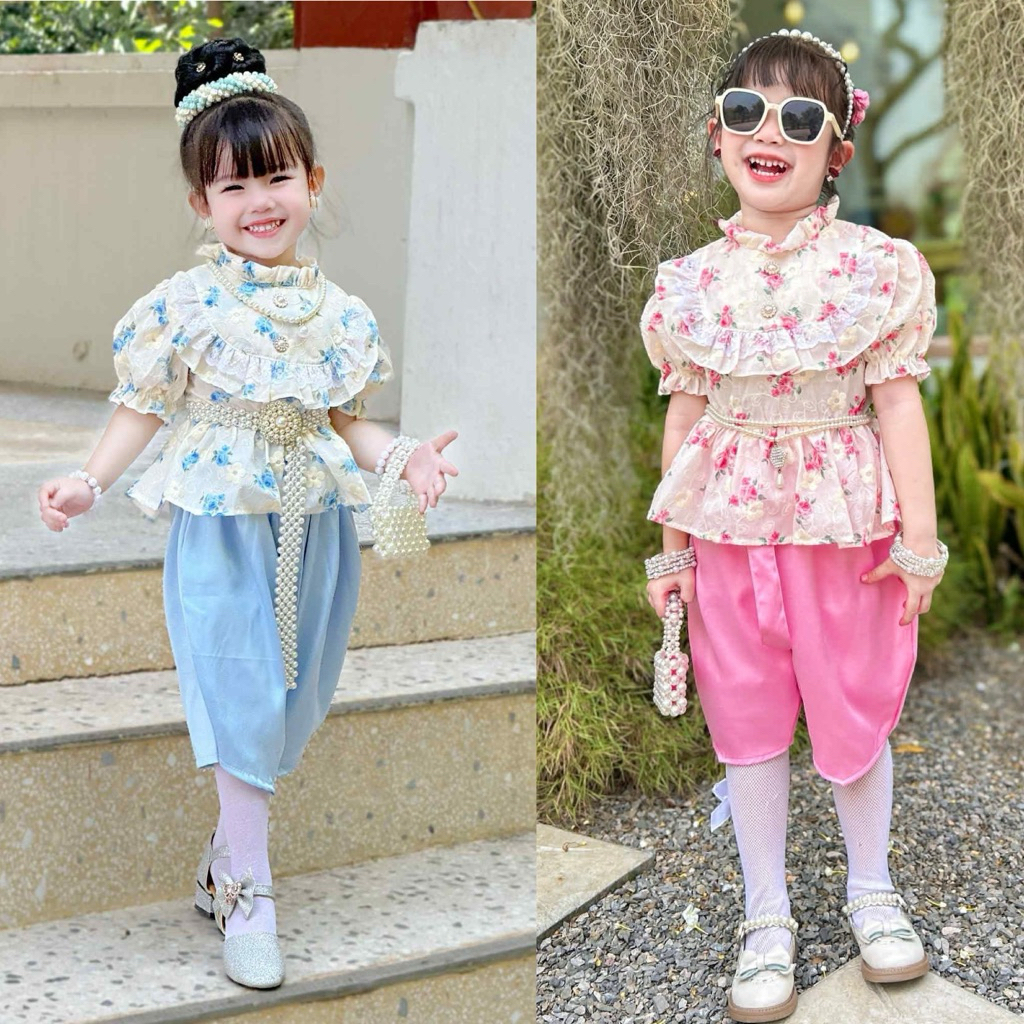 ชุดวันแม่ ไทยเด็กผู้หญิง ผ้าฉลู+ลูกไม้ ผ้านิ่ม สีไม่ตก พร้อมส่ง
