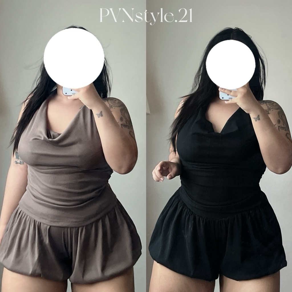 เซ็ต 2 ชิ้นสาวอวบ เสื้อคล้องคอและกางเกงงานทรงบอลลูนงานผ้าร่อง