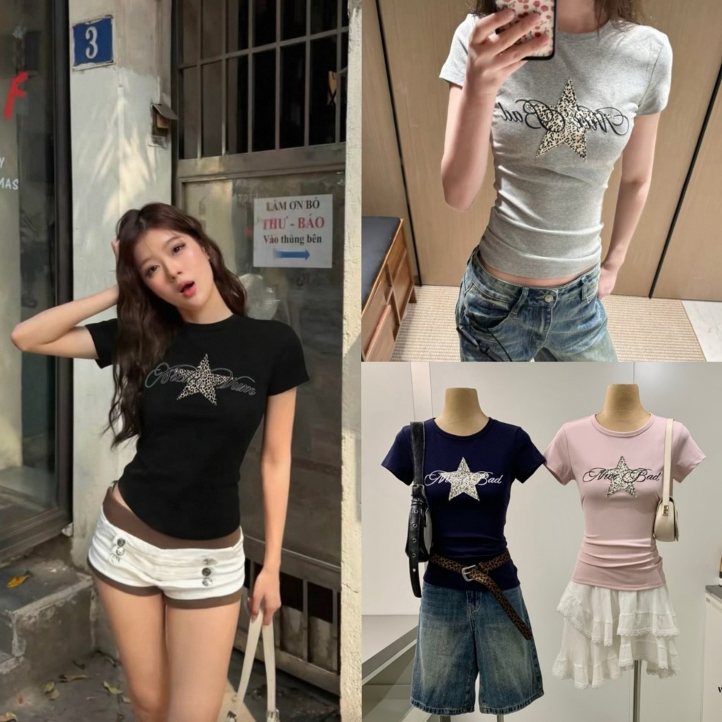 COSMO TOP เสื้อคอกลมแขนสั้น ปักลายช่วงอก - 9439 TAG WG.WE 🇰🇷