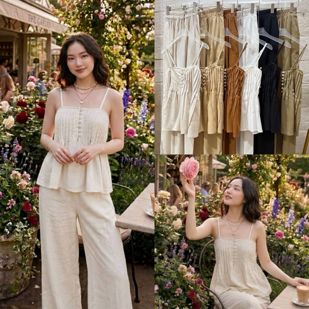 T17601เสื้อสายเดี่ยว/กางเกงขายาวผ้าลินิน