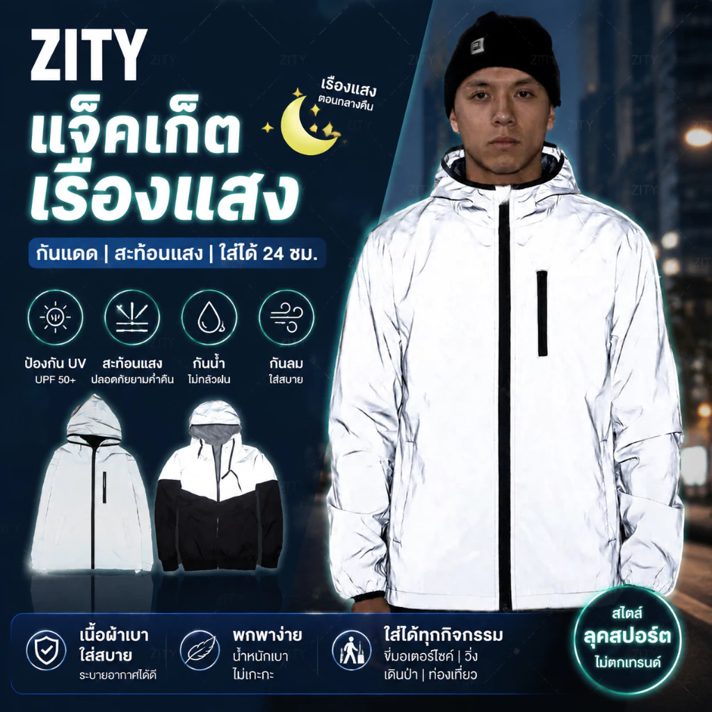 เสื้อฮู้ดสะท้อนแสง 3M แจ็คเก็ตแขนยาวกันลมสำหรับผู้ชาย