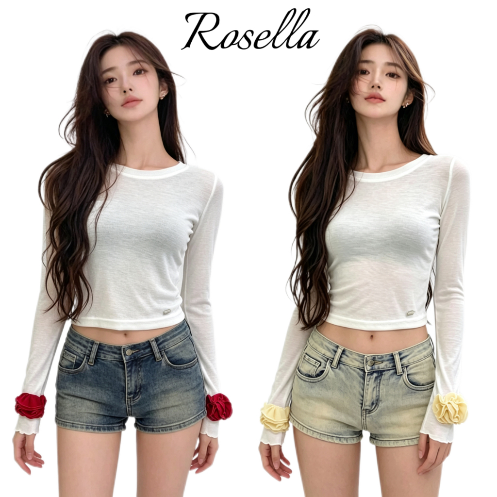 Rosella【สินค้าใหม่👗】เสื้อยืดแขนยาวลายดอกกุหลาบ 3 มิติ ดีไซน์หรูหรา คอกลม เนื้อผ้าบาง