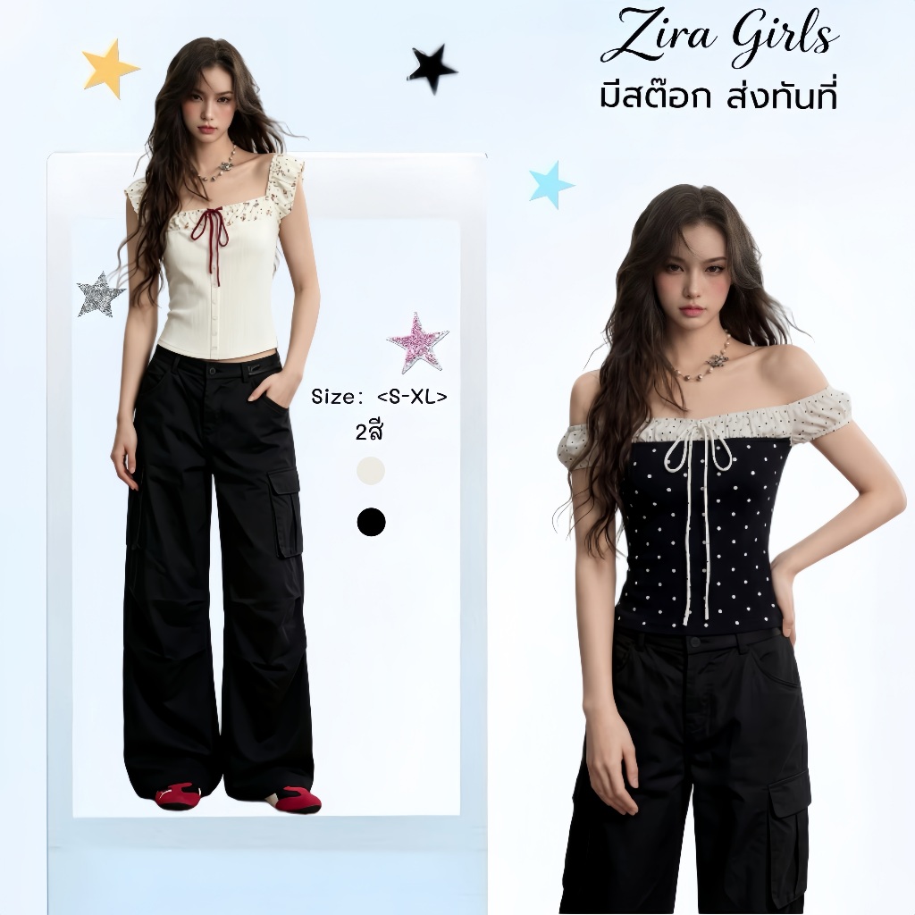 ZIRA พร้อมส่ง✨เสื้อยืดเสื้อปาดไหล่สวยๆผู้หญิงมีเชือกผูกได้ ลายดอกไม้ แต่งกแขนระบายเก๋ไก๋ เสื้อยืดโชว์ไหล่  สไตล์เกาหลี