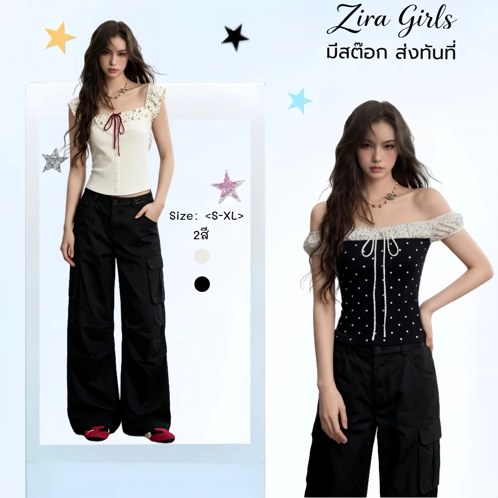 ZIRA พร้อมส่ง✨เสื้อยืดเสื้อปาดไหล่สวยๆผู้หญิงมีเชือกผูกได้ ลายดอกไม้ แต่งกแขนระบายเก๋ไก๋ เสื้อยืดโชว์ไหล่ สไตล์เกาหลี