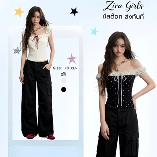 ZIRA พร้อมส่ง✨เสื้อยืดเสื้อปาดไหล่สวยๆผู้หญิงมีเชือกผูกได้ ลายดอกไม้ แต่งกแขนระบายเก๋ไก๋ เสื้อยืดโชว์ไหล่ สไตล์เกาหลี