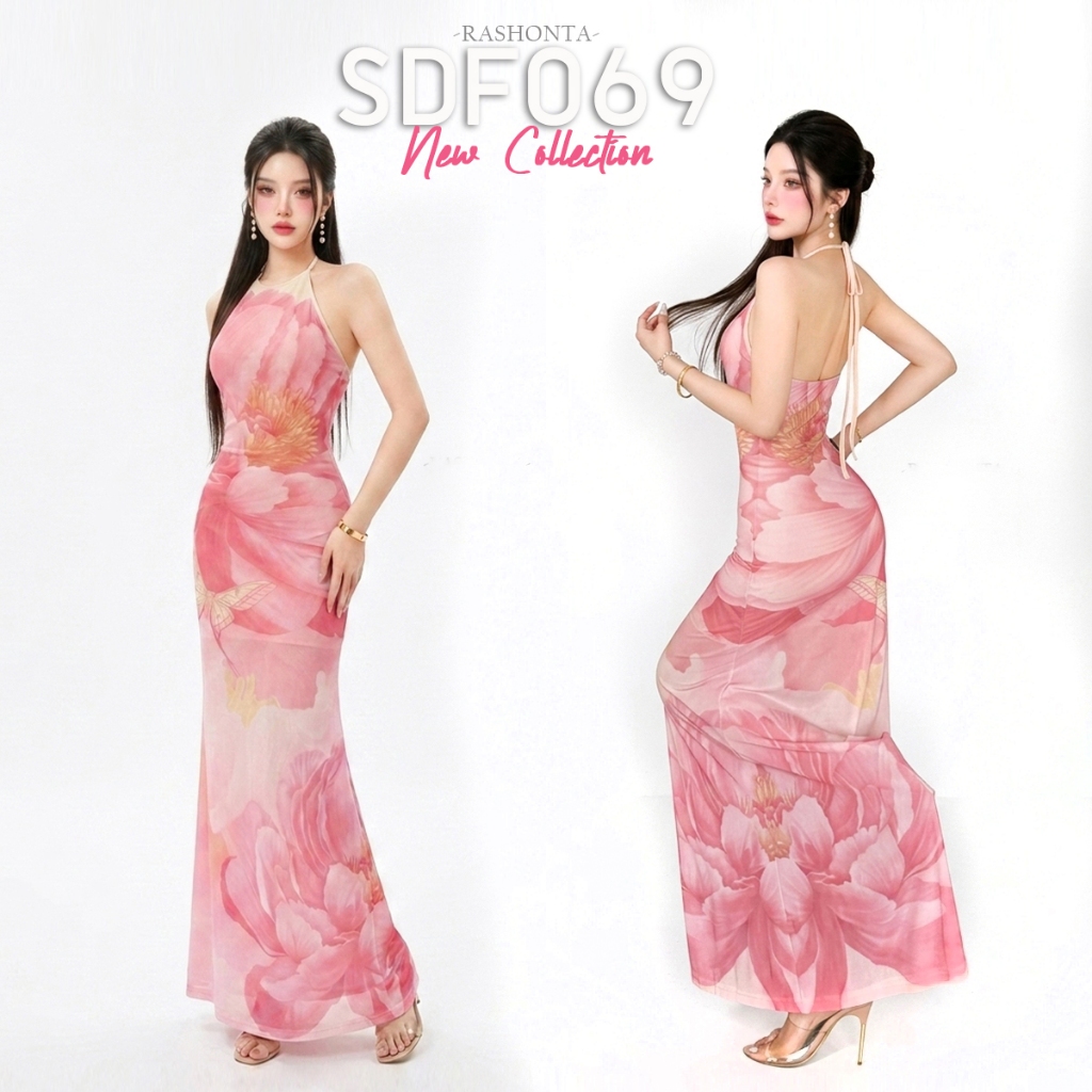 SDF069 : ชุดเดรสยาว ลายดอกไม้ ผูกคอ เว้าหลัง ผ้าตาข่ายืด ทรงเข้ารูป