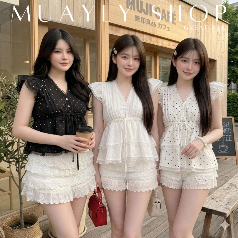 ✨𝙉𝙀𝙒 𝙐𝙋𝘿𝘼𝙏𝙀✨🥨เสื้อแขนปีก (Polka dot) 3สี ชายระบาย แต่งลูกไม้ งานกระดุมหน้า ตีเกล็ดเข้ารูป ⚫⚪ลายจุด & สีพื้น น่ารักสไตล์เ