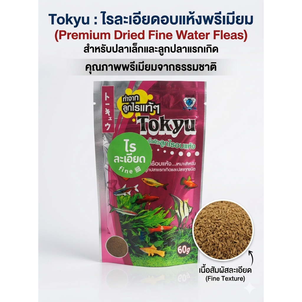 (แบบละเอียด)Tokyu ลูกไรอบแดง โปรตีนสูง 46% สำหรับปลาบอลลูน ปลาหางนกยูง ปลากัด และปลาเล็ก (60g)