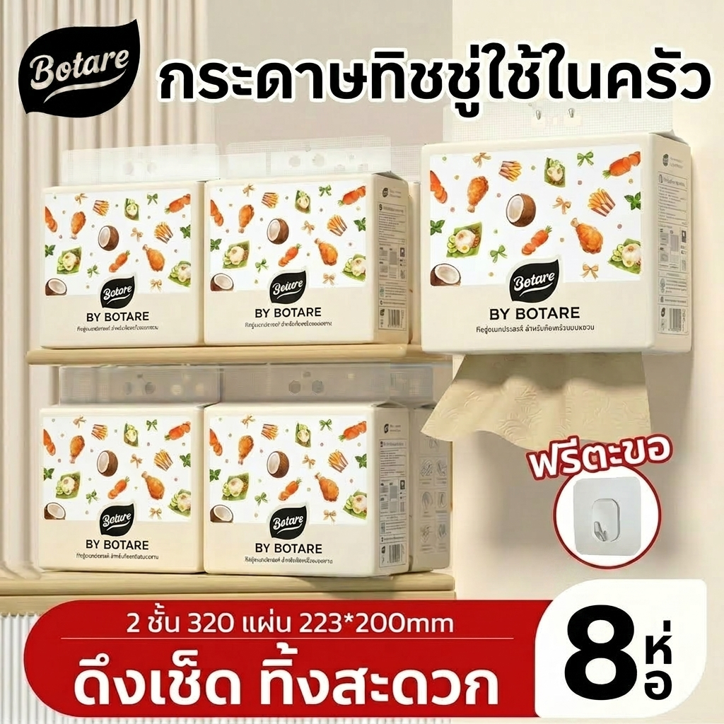 [4/8 ห่อ]Botare กระดาษเช็ดครัวแบบติดผนังถอดได้ ซับน้ำ ซับน้ำมัน ซับของทอด 2 ชั้น 320 แผ่น 223*200mm