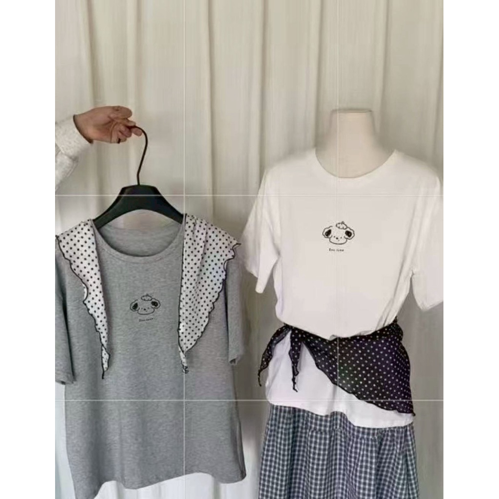 🐾 เสื้อยืด ลายน้องหมาพร้อมผ้าผูกคอลายจุด