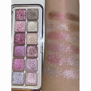 Glitter eyeshadow，Highlights，พาเลทอายแชโดว์ 12 สี/กลิตเตอร์/ประกายวิบวับ/สีชมพู/ราคาไม่แพง，กันน้ำ